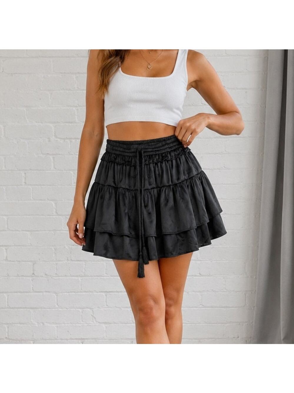 Black Satin Tiered Ruffle Mini Skort Tassel Tie Elastic Waist Women’s Size S